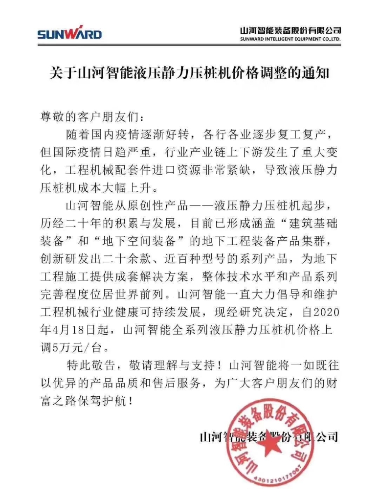 关于z6com·尊龙(中国)时凯集团智能液压静力压桩机价钱调解的通知